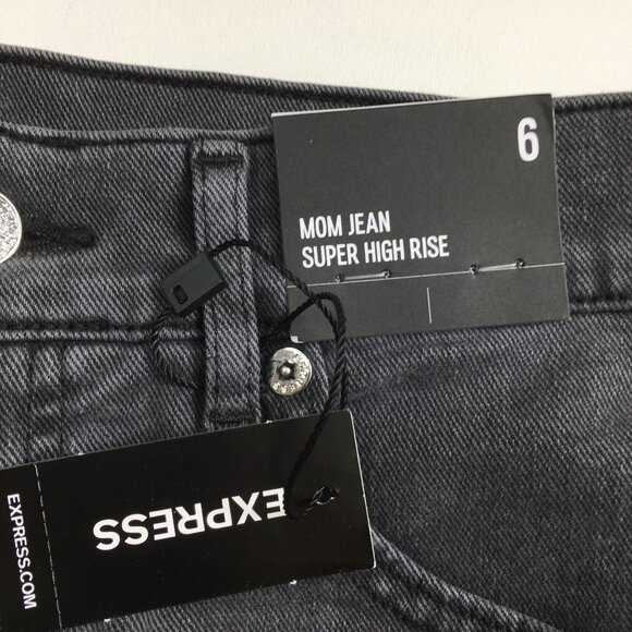 NWT EXPRESS Gray Mom Jean Super High Waist Step Fray Hem Distressed Jeans - Picture 3 of 12